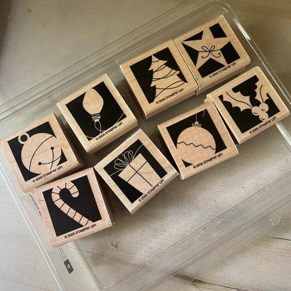 Stampin Up! Holiday Blocks 8 square rubber stamps Christmas tree candy ornaments - Picture 1 of 5